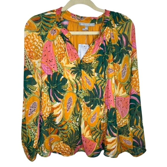 NWT Daniel Rainn Tropical Print Long Sleeve Pleated Blouse Ruffle Collar Sz PM - Picture 3 of 8